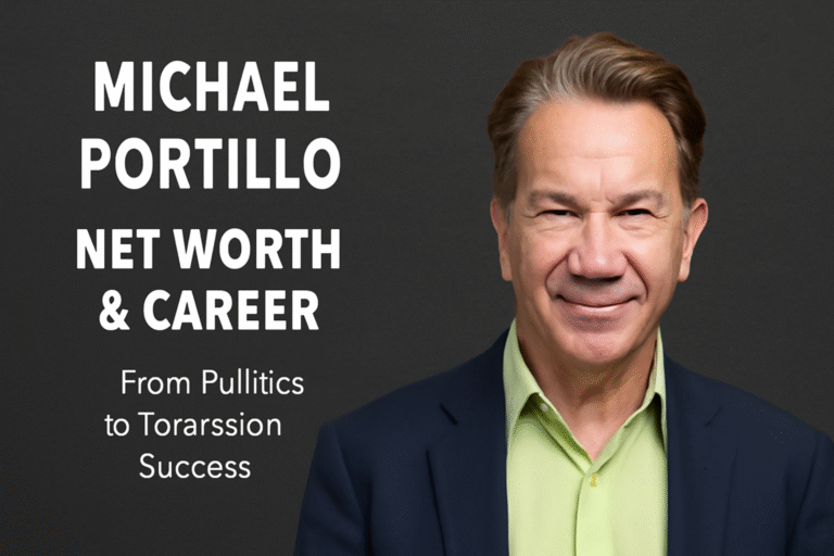 Portrait of Michael Portillo, former British politician and TV personality, smiling confidently in a lime green shirt and navy blazer, set against a dark textured background with bold white text overlay reading 'Michael Portillo Net Worth & Career: From Politics to Television Success'.